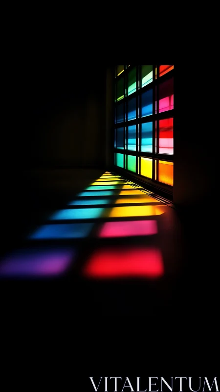 Colored glass grid window casting spectral floor light.