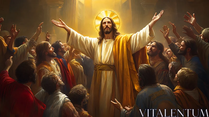 Radiant messianic figure blessing gathered disciples in light