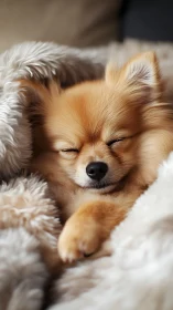 Shallow‑depth portrait captures small dog sleeping in dense faux fur