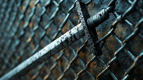 Weathered longsword embedded in chain-link fence surface.