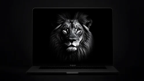 Midnight lion quietly prowls within a glowing laptop screen