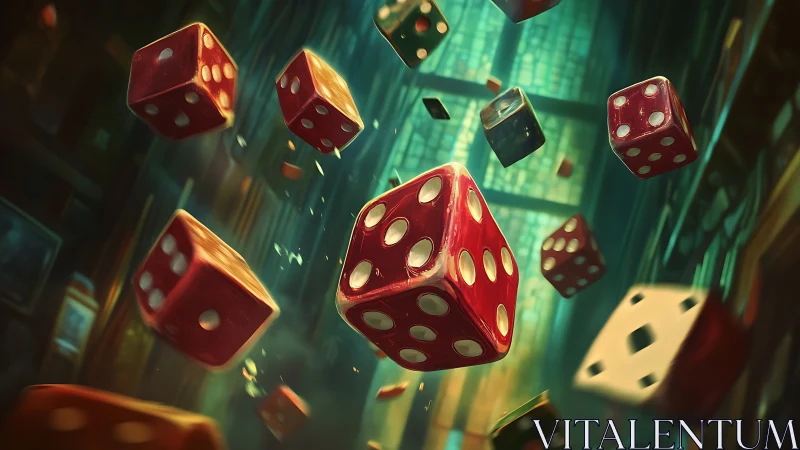 Glowing red dice drift through a luminous city alleyway.