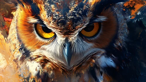 Intense Owl Portrait in Vibrant Abstract Digital Art Style.