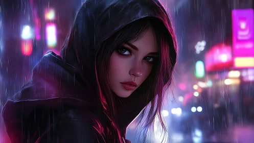 Neon rain drapes a hooded vigilante in midnight resolve.