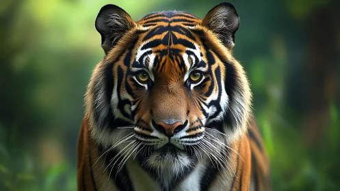 Close frontal portrait of a tiger in soft forest light.