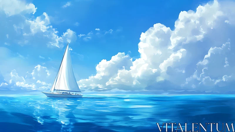 Peaceful sailboat drifting beneath bright summer clouds.