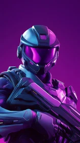 Futuristic armored soldier with rifle in purple lighting.