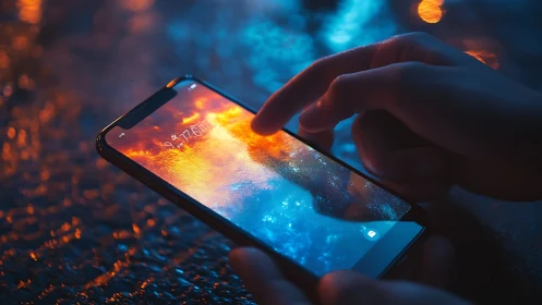 Glowing smartphone screen reflects neon city lights at night.