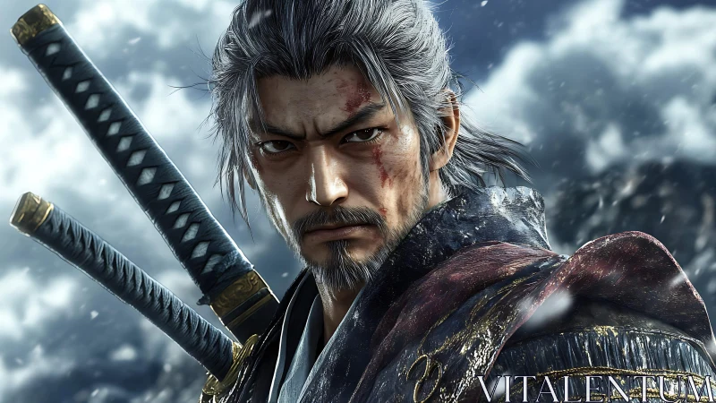Battle hardened samurai warrior with swords in snowfall.