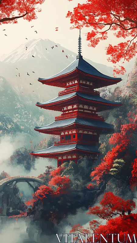 Pagoda rises through autumn mist beneath distant mountain