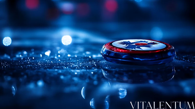 Hockey puck on wet ice in blue arena lighting.