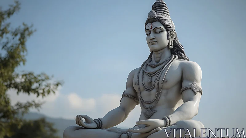 Large outdoor stone statue of seated meditative figure.