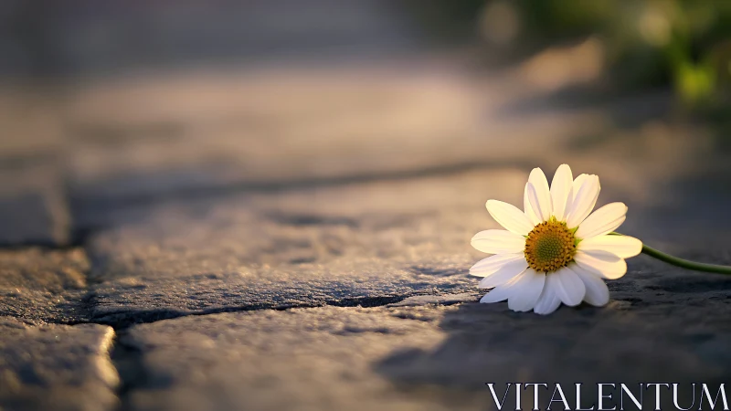 Single white daisy on stone pavement in soft evening light.