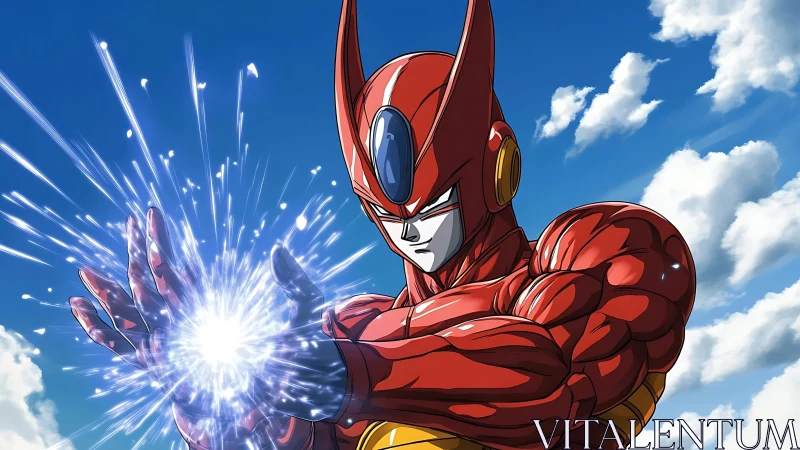 Armored red android channels concentrated blue energy sphere