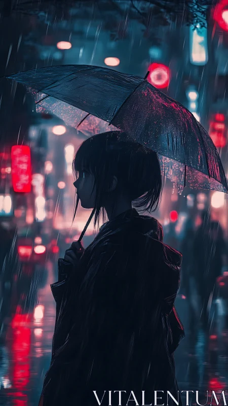 Solitary anime girl stands beneath neon rain-soaked umbrella.