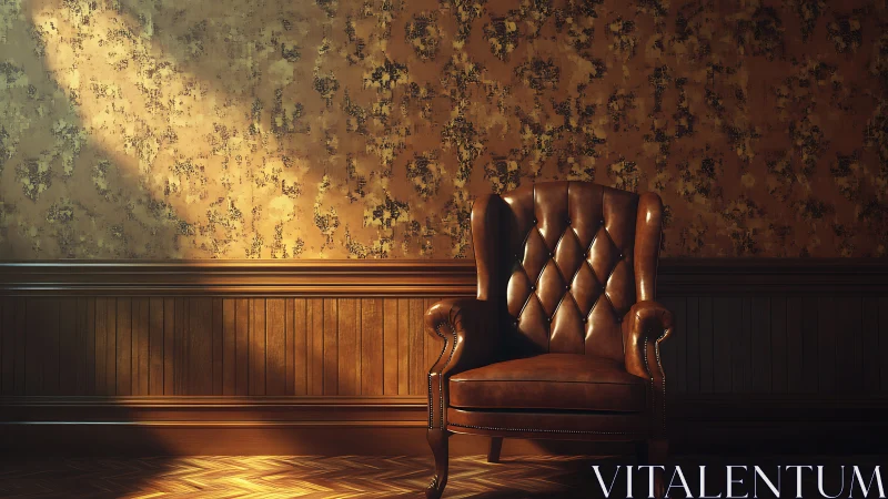 Photorealistic leather wingback chair in moody side lighting.