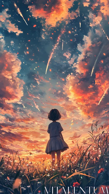 Child under blazing sunset sky of falling starlight.
