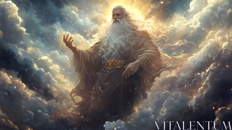 Celestial elder deity emerging from radiant storm clouds.
