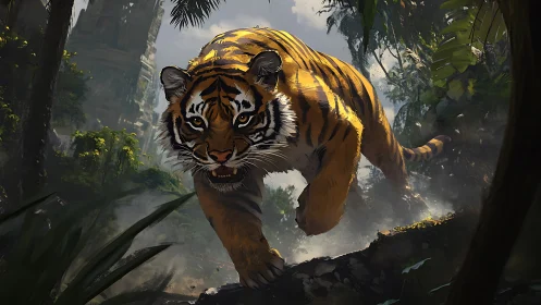 Wild jungle tiger stepping from shadow into sunlight.
