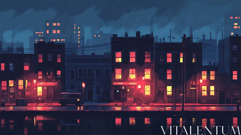 Neon windows warming a rainy industrial night street scene.