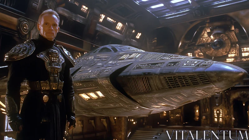 Regal space commander guarding a sleek silver starship.