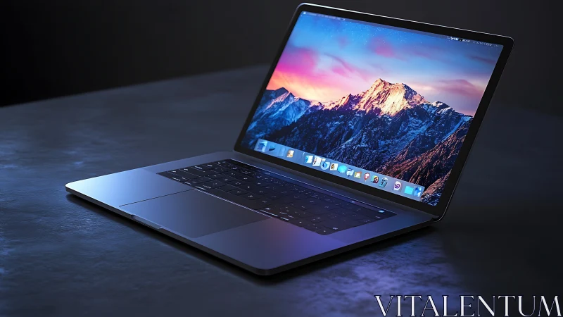 Sleek aluminum laptop displays vivid mountain landscape wallpaper.