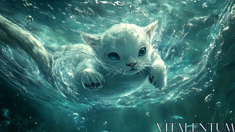 White Cat Swimming Underwater in Turquoise Water.
