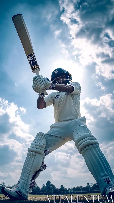 Cricket batsman drives under dramatic backlit sky field.