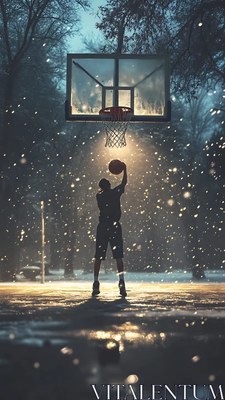Winter night basketball silhouette under falling snow.
