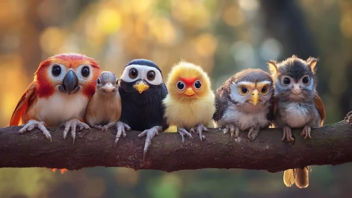 Adorable Cartoon-Style Baby Birds Lined Up on Branch in Soft Light.