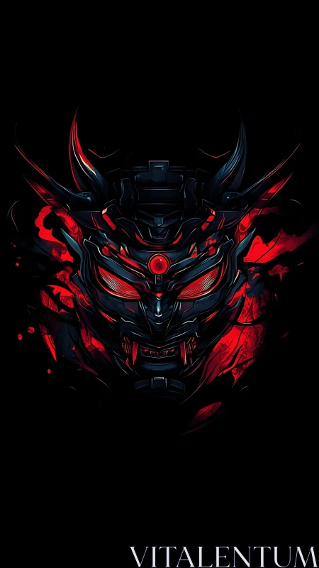 Fierce cyber samurai mask glowing with fiery red light.