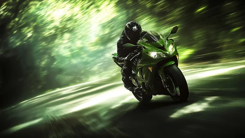 Sportbike rider carving high speed turn through green forest.