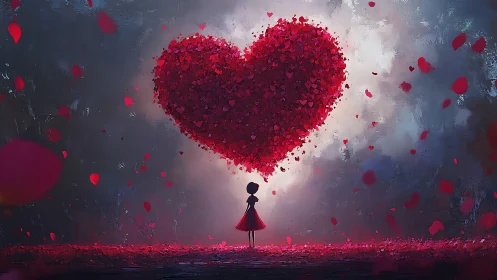 Girl Beneath Massive Heart Crafted from Floating Petals.