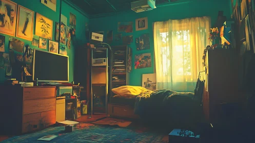 Sunlit teal bedroom glows through gauzy window curtains.