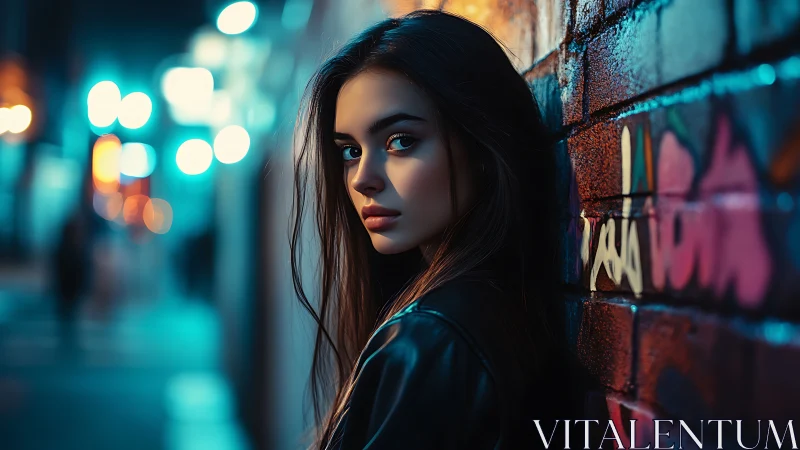 Cinematic neon alley portrait with shallow depth of field.