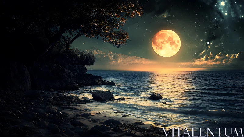 Luminous full moon over rocky shoreline with reflective surf.