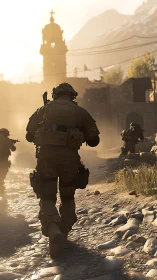 Soldier patrols sunlit cobblestone street in dusty village