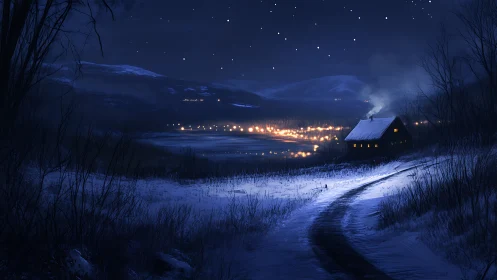Snowy rural cabin overlooks illuminated lakeside village at night