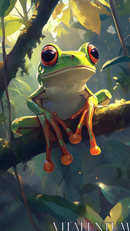 Curious red eyed tree frog rests on a sunlit jungle branch