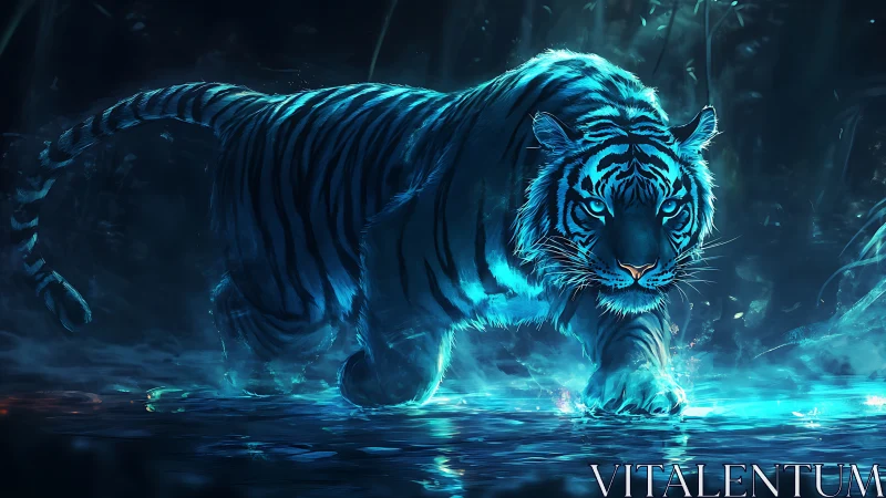 Blue lit tiger stalking through glowing jungle water.