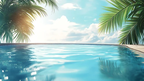 Sunlit infinity pool reflects tropical palms and calm sky