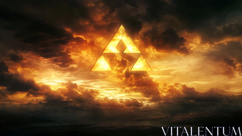 Glowing golden triangle symbol rises over a stormy sunset sky