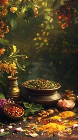 Fragrant garden spices simmer gently in warm golden light