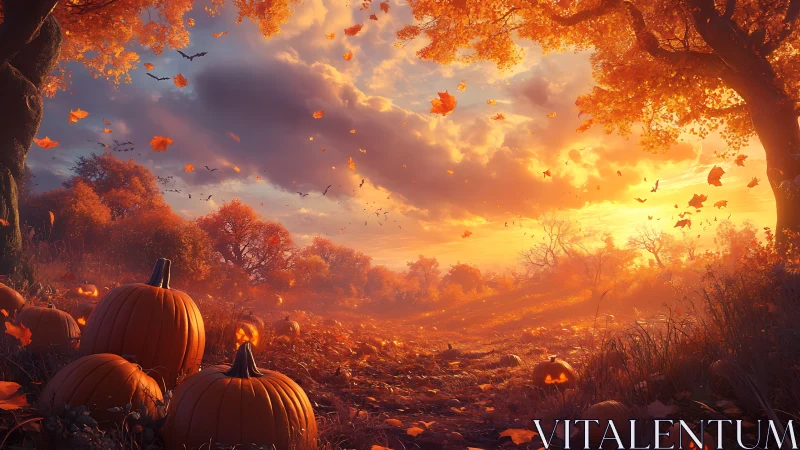 Autumn pumpkin field under glowing Halloween sunset sky.