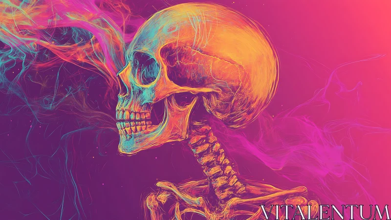 Neon skull silhouette glows through swirling vapor haze.