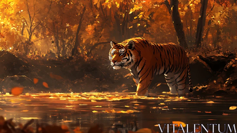 Tiger pauses in ember-bright forest stream, quiet yet fierce