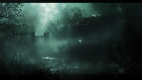 Moonlit fog engulfs an abandoned gate in eerie wet woods