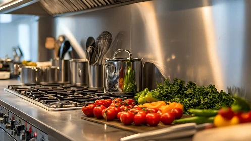 Fresh market colors meet polished stainless steel kitchen prep.