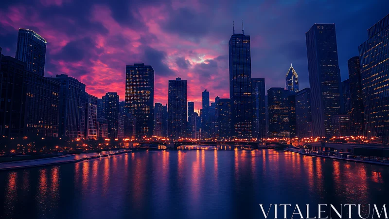Neon-lit riverfront skyline captures high-contrast twilight gradient