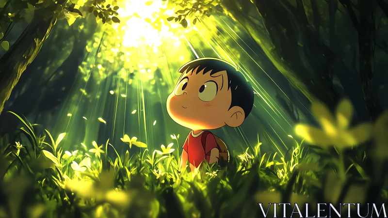 Curious child in sunlit forest clearing under golden rays.